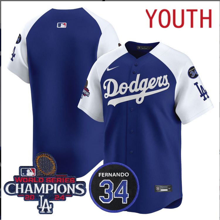 Youth MLB Los Angeles Dodgers  blue white 2024 World Series Champions Patch Limited Jersey->youth mlb jersey->Youth Jersey